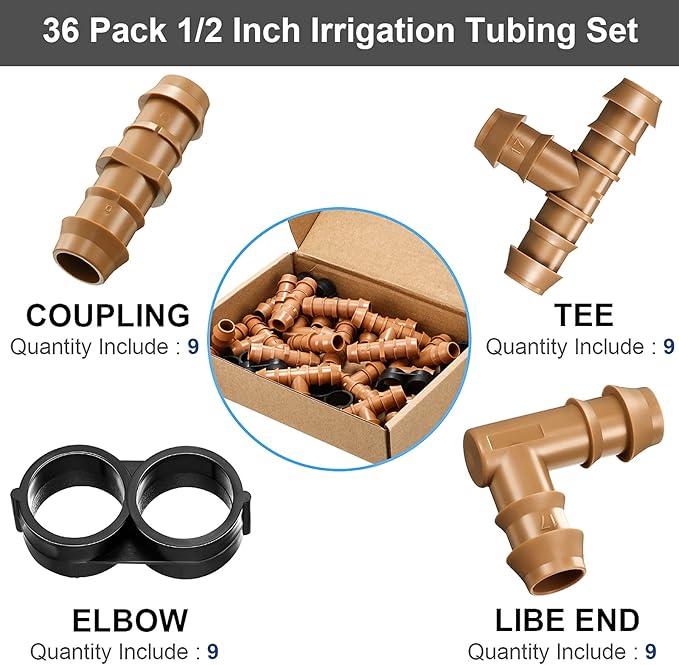 Outus 1/2 Inch Drip Irrigation Tubing Fittings 36 Pieces Irrigation Tubing Connectors Drip Hose Fittings Parts Kit Includes 9 Tees 9 Couplings 9 Elbows 9 End Cap Plugs for Sprinkler Systems Garden