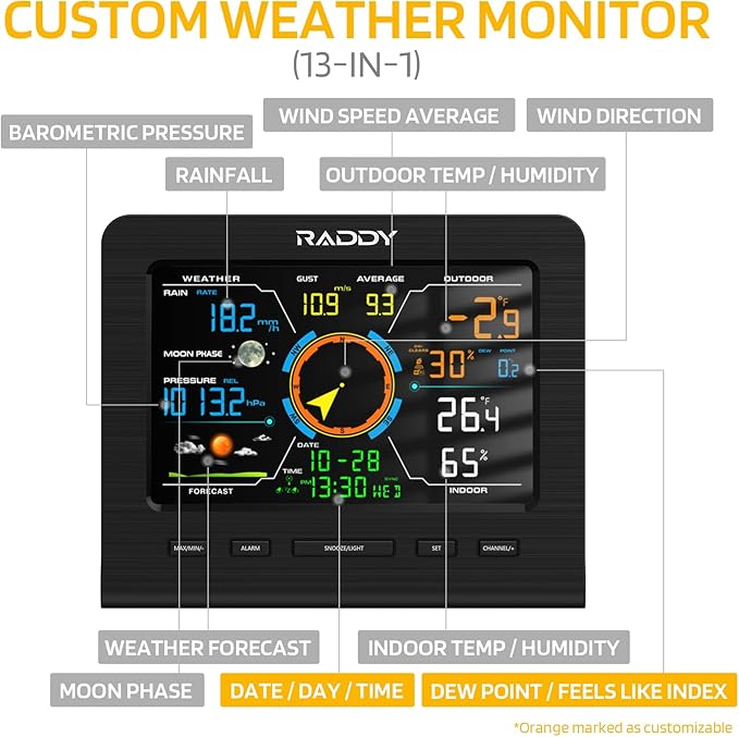 Raddy WF-100C Lite Weather Station Wireless Indoor Outdoor with Temperature, Barometric, Humidity, Wind Gauge, Rain Gauge, Weather Forecast, Moon Phase, Alarm Clock for Home, Garden