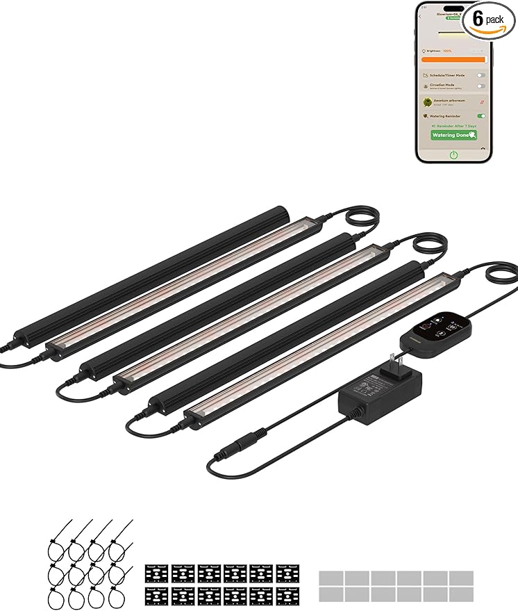 GLOWRIUM Smart Grow Lights for Indoor Plants with APP, Full Spectrum Grow Lights for Seed Starting, G6 Plant Light Strip with auto Timer, 3 Angle dimming Levels for Plant Shelf, 6-Pack (Black, 48W)