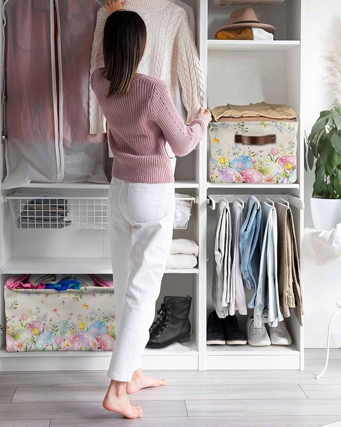 Easter Eggs Storage Bins Cubes Waterproof Cloth Storage Basket,Spring Daisy Eucalyptus Leaves Rustic Burlap Foldable Storage Bags for Shelf Clothes Storages Organizers with Handles 15x11x9.5 in 2PCS