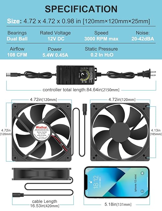 Wathai 120mm x 25mm Waterproof Small Box Fan IP67 12V Computer Fan with AC Plug Speed Controller 110v 120v 220v 240v for Biltong Box, Grow Tent, Terrarium, Aquarium, Greenhouse Cooling