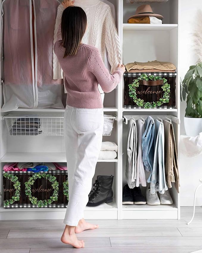 Spring Eucalyptus Leaves Storage Bins Cubes Waterproof Cloth Storage Basket,Farmhouse Botanical Brown Wood Foldable Storage Bags for Shelf Clothes Storages Organizers with Handles 15x11x9.5 in 1PCS