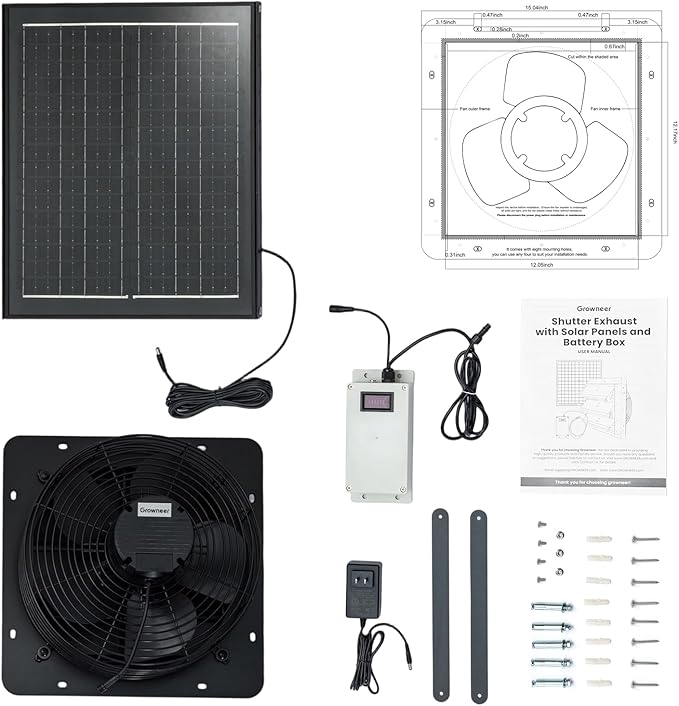 GROWNEER Solar Powered Exhaust Fan, 30W Solar Panel+12" High Speed Solar Powered Fans with Power Adapter, Waterproof Solar Fan with Bracket for Shed, Chicken Coop, Greenhouse, Attic