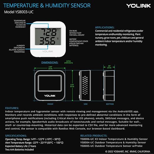 Smart Wireless Temperature Sensor/Humidity Sensor Wide Range (-22 to 158 Degrees) for Fridge Monitoring Pet Cage/Tank Monitoring, Smartphone Alerts, Compatible with Alexa IFTTT - Hub Included