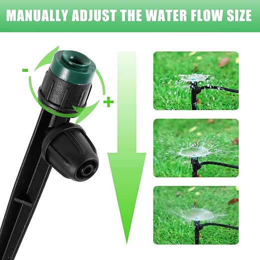 Drip Irrigation Emitters Sprayers for 1/4" Tubing, Adjustable 360 Degree Water Flow Sprayer on 5.5" Arrow Stake,with 1/4" Locked Tee for Watering System(10Pcs Sprayers and 10Pcs Tee)