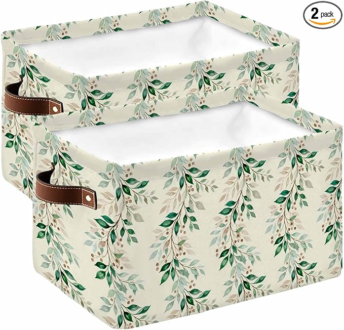 Weeping Leaves Storage Bins Cubes Waterproof Cloth Storage Basket, Summer Green Branch Berry Farmhouse Foldable Storage Bags for Shelf Closet Clothes Organizers with Handles 15x11x9.5 in 2PCS