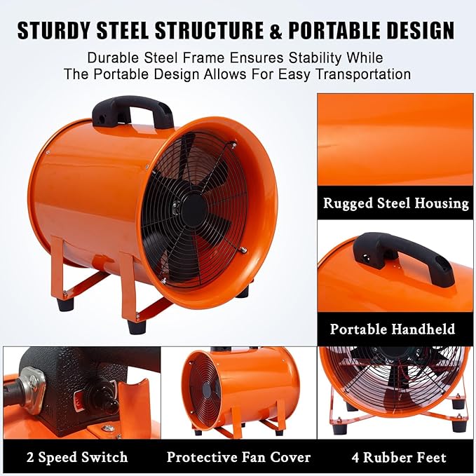 Portable Utility Blower Fan with 33ft Duct Hose, 16" 1500W 5500 CFM Heavy-Duty Exhaust Fan, High-Speed Industrial Blower for Workshop Ventilation, Crawl Spaces, Basement, and Confined Areas