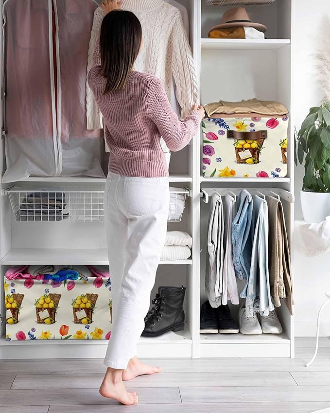 Spring Floral Storage Bins Cubes Waterproof Cloth Storage Basket, Watercolor Lemons Garden Flowers Farmhouse Foldable Storage Bags for Shelf Closet Clothes Organizers with Handles 15x11x9.5 in 2PCS