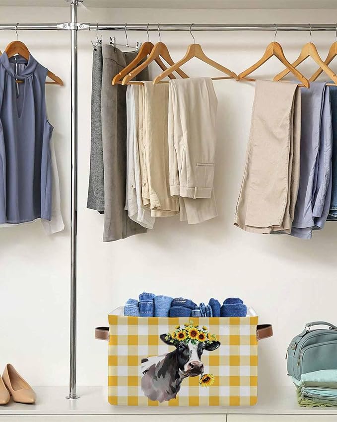 Sunflowers Cow Storage Bins Cubes Waterproof Cloth Storage Basket, Farm Animal Yellow Buffalo Plaid Foldable Storage Bags for Shelf Closet Clothes Storages Organizers with Handles 15x11x9.5 in 2PCS