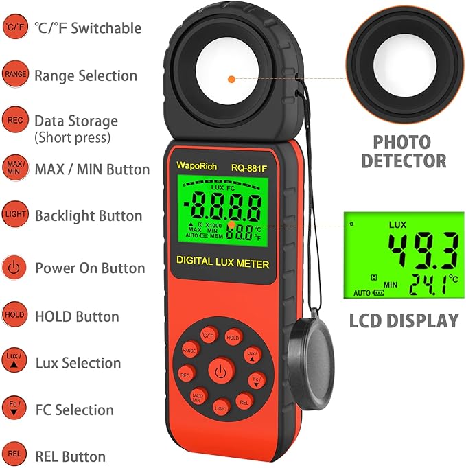 Light Meter, Illuminance Meter RQ-881F to Measure Light, Max Value Display 3999(Ranges: 1-400,000Lux), 270º Rotated Sensor, Back Light, Data Storage-Orange