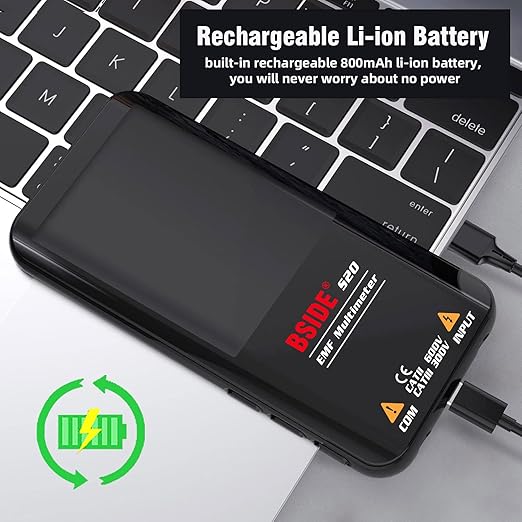 BSIDE Multimeter & Voltage Tester Kit, Rechargeable Color LCD EMF Detector and EBTN Display AC Voltage Detector Combo Electrical Test Kit, Black, Rechargeable S20