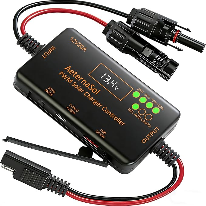 PWM Solar Charge Controller 12V20A Solar Panel Charge Controller with PD 22W & QC 18W USB Type-C Output for LiFePO4, AGM, Gel Battery(20APWM)