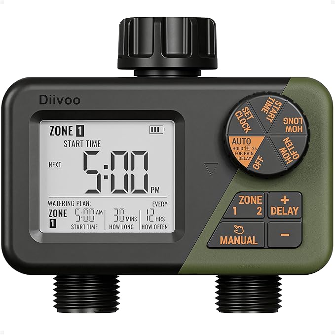 Diivoo Sprinkler Timer 2 Zone, Programmable Water Hose Timer 2 Outlet for Garden, Outdoor Automatic Irrigation System IPX5 Waterproof with Rain Delay/Manual for Lawn, Yard, Pool