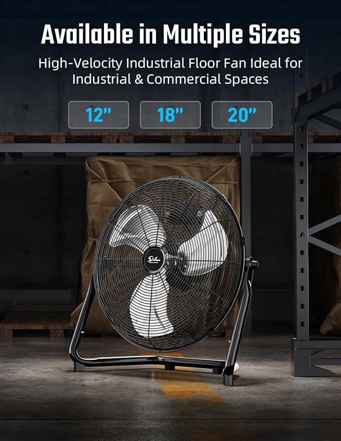 Simple Deluxe 20 Inch 3-Speed High Velocity Heavy Duty Metal Industrial Floor Fan for Warehouse, Workshop, Factory and Basement, Black, 1 Pack