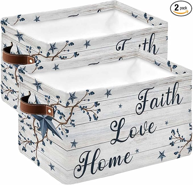 Farmhouse Storage Bins Cubes Waterproof Cloth Storage Basket,Blue Country Texas Star Vintage Berries Wooden Foldable Storage Bags for Shelf Clothes Storages Organizers with Handles 15x11x9.5 in 2PCS