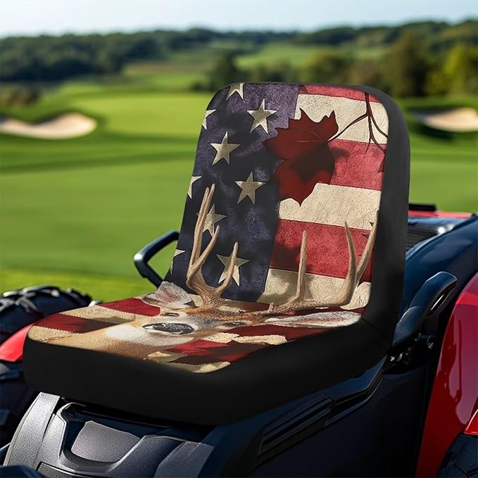 Riding Lawn Mower Seat Cover with Pockets,Deer and Flag Waterproof Tractor Seat Covers Water Protective Heat-Resistance Tractors Cushion Cover Fits Most Lawnmowers