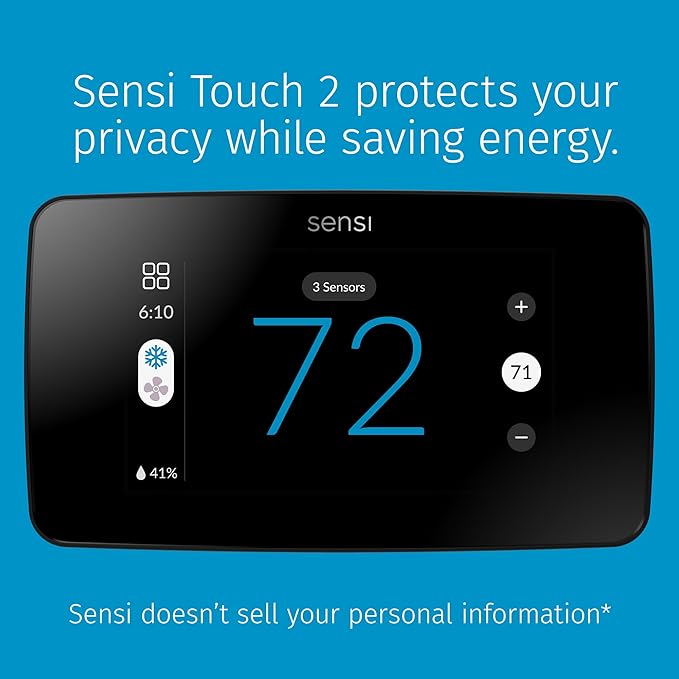 Sensi Touch 2 Smart Thermostat with Touchscreen Color Display, 100 Years of Expertise, Programmable, Wi-Fi, Data Privacy, Easy DIY, Works with Alexa, Energy Star Certified, ST76, C-Wire Required
