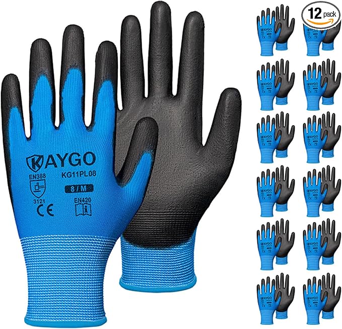 KAYGO Work Gloves for Men and Women, 12 Pairs Seamless Knit PU Coated Safety Gloves, with Smooth Grip on Palm and Fingers, Ideal for Light Warehouse, Manufacturing, Gardening, KG11P (M, Blue)