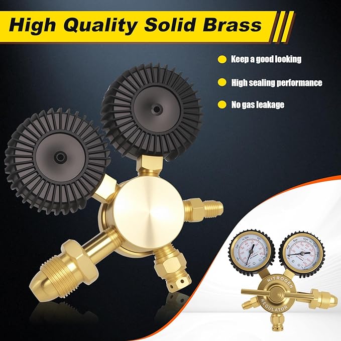 Nitrogen Regulator 0–800 PSI CGA580 with Dual Gauges & 60" Reinforced Hose, 1/4" Male Flare Outlet – Solid Brass Nitrogen Tank Pressure Regulator for HVAC Purging, Leak Testing & Charging Systems