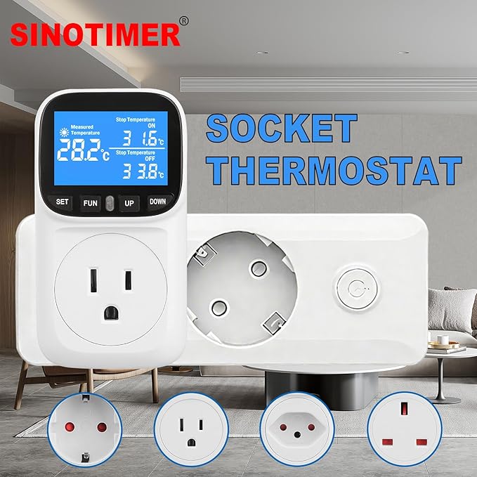 Digital Temperature Controller, Heavy Duty 15A/1800W Thermostat Outlet Plug, VA Display Heating Cooling Control Timer, -40℉~210℉, Cyclic Timing/Countdown, for Greenhouse Incubator Homebrew