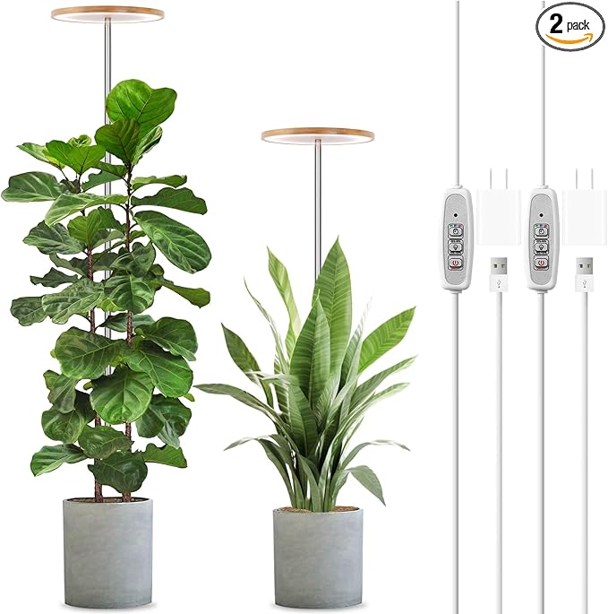 LORDEM Bamboo Grow Light for Indoor Plants, Full Spectrum LED Plant Grow Light, Height Adjustable Growing Lamp with Auto Timer 4H/8H/12H, 4 Dimmable Levels, Ideal for Large Tall Plants, 2 Pack