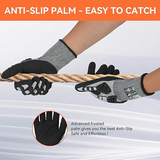 Safety Work Gloves, Impact Gloves for Men Women, Cut Resistant Non-Slip Heavy Duty Gloves with Nitrile Grip, Touch Screen Glove with Impact Protection for Mechanic Construction, Large, Grey