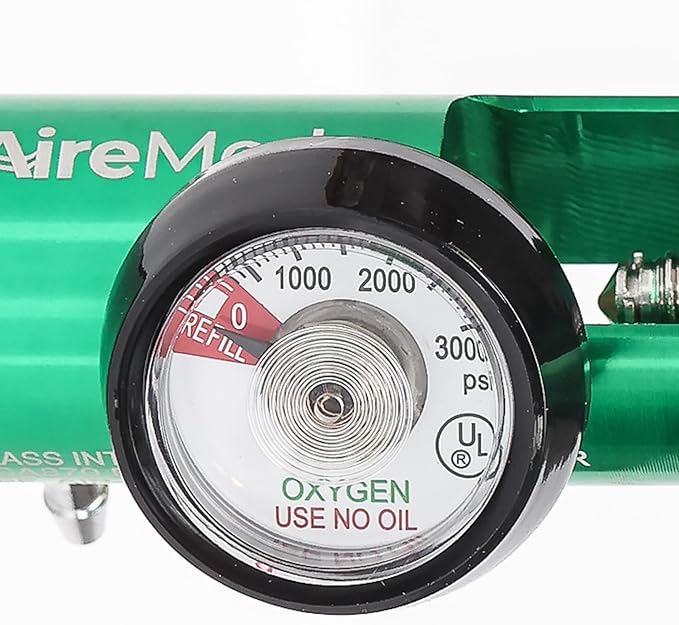 AireMed Oxygen Regulator 0-25LPM, CGA-870 Gauge Flow Rate – Includes Wrench Key, 5 Brass Yoke Washer Seals, and 2 Oxygen Tubing Swivel Connectors - Ergonomic Handle Design - Green