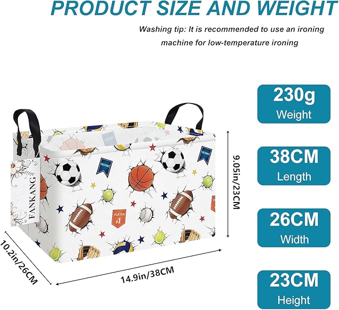 FANKANG Storage Bins,Nursery Hamper Canvas Laundry Basket Foldable with Waterproof PE Coating Storage Baskets for Boys and Girls, Office, Bedroom, Clothes,Toys(Rec-3D Sports Balls ）