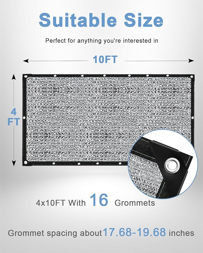 vensovo 85% Aluminum Shade Cloth - Reflective Aluminium Shade Netting Sun Shade Cover with Grommets for Cars, Dogs, Outdoor, RV, Patio (4x10FT)