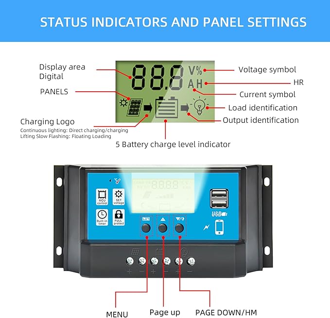 60A PWM Solar Charge Controller 12V/24V with LCD Display, Dual USB Solar Panel Battery Intelligent Regulator, Auto Parameter Adjustable, Timer Setting, Multiple Load Control Modes