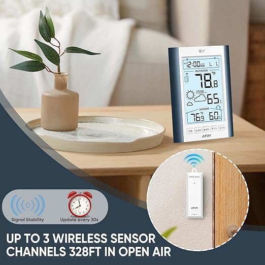 Indoor Outdoor Thermometer Hygrometer Wireless Weather Station - Inside Outside Thermometers Hygrometer Monitor with 330ft Remote Sensor, Battery Powered, Backlight Display (Blue)