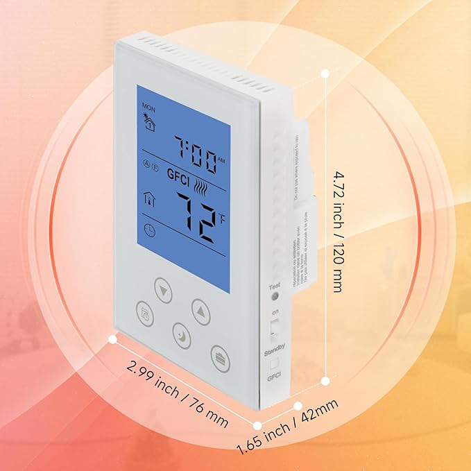 7-Day Programmable Thermostat for House Radiant Underfloor Heating,Home Floor Heating Controller,Adaptive AC Voltage(120/240V),Dual Sensing(Air&Floor Sensor) Built-in Class A GFCI,LED Backlit Display