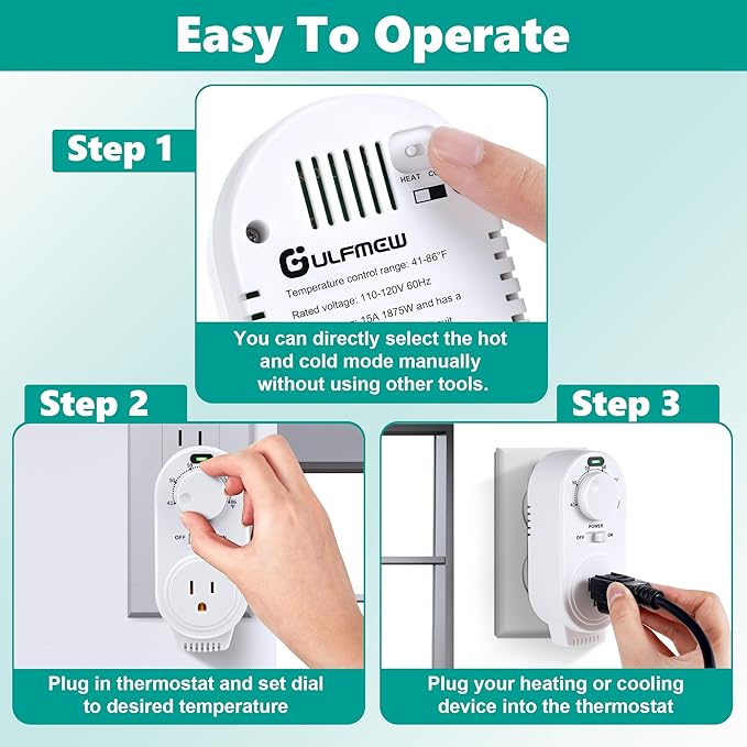 Adjustable Thermostat, Plug in Heating and Cooling Thermostat Controlled Outlet, Compatible with Portable AC, Fans and Space Heaters(1 Pack,White)