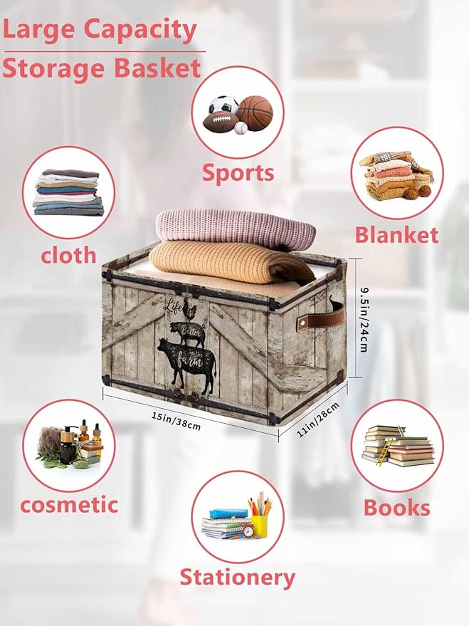 Farmhouse Animals Storage Bins Cubes Waterproof Cloth Storage Basket, Rooster Pig Cattle Brown Wooden Plank Foldable Storage Bags for Shelf Closet Clothes Organizers with Handles 15x11x9.5 in 1PCS