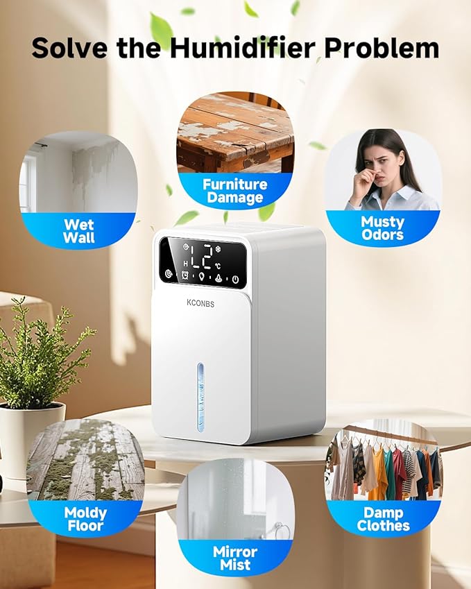 Dehumidifier for Home, 60 OZ Capacity, Auto Shut-Off for Medium Rooms up to 500 Sq.Ft, Portable Quiet for Bedroom Bathroom Basement, 24H Timer & 7 Color Lights (White)