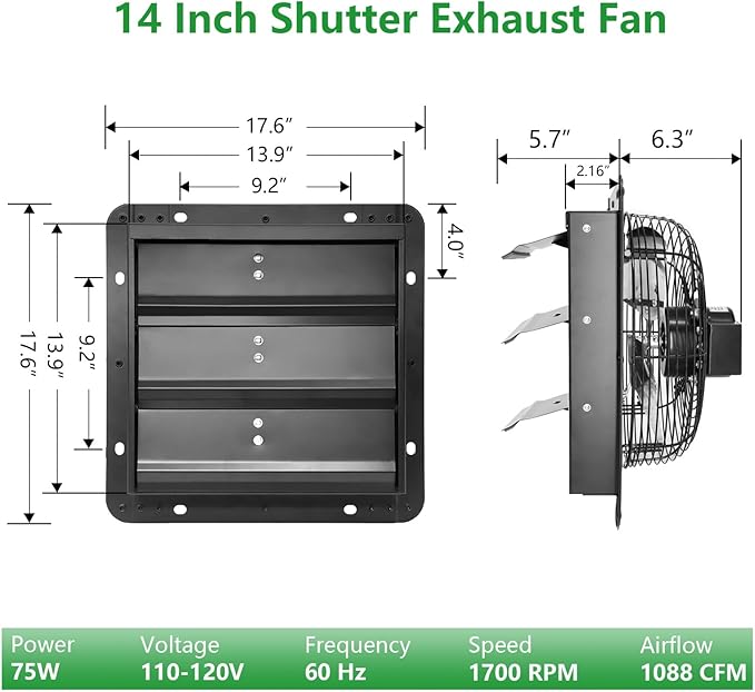 Shutter Exhaust Fan, 14 in Wall Mount Ventilation Fan w/Speed Controller Attic Vent Fan for Chicken Coops, Greenhouse, Gable, Barn, Garage, Shed Ventilator 1088 CFM,1700 RPM