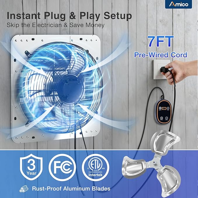 Amico 14" Smart Shutter Exhaust Fan with Thermostat & 8 Speed, 1775 CFM (Up to 2500 Sq.Ft), 35W Premium EC Motor, Wall Mount Garage/Attic/Greenhouse/Shed Vent Fan, Plug & Play, FCC