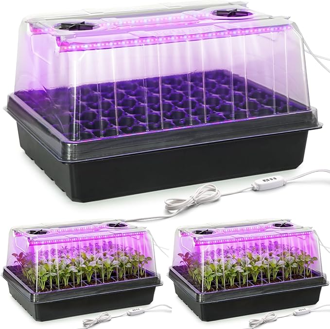 Seed Starter Tray with Grow Lights - 3-Pack 54 Cell Seedling Starter Kit, 5" Tall Humidity Dome & 2.8" Deep Cells, 96-LED Full Spectrum Plant Light with Timer/Dimmable, Reusable Germination Station