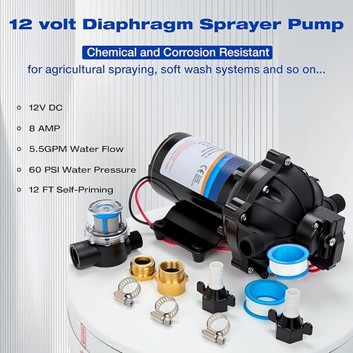 12 Volt Sprayer Pump, Soft Wash Pump, 5.5GPM 60PSI, 10 Amps, Chemical and Corrosion Resistant, Compatible with Roundup, Pressure Switch and Self-Priming for Agricultural Spraying