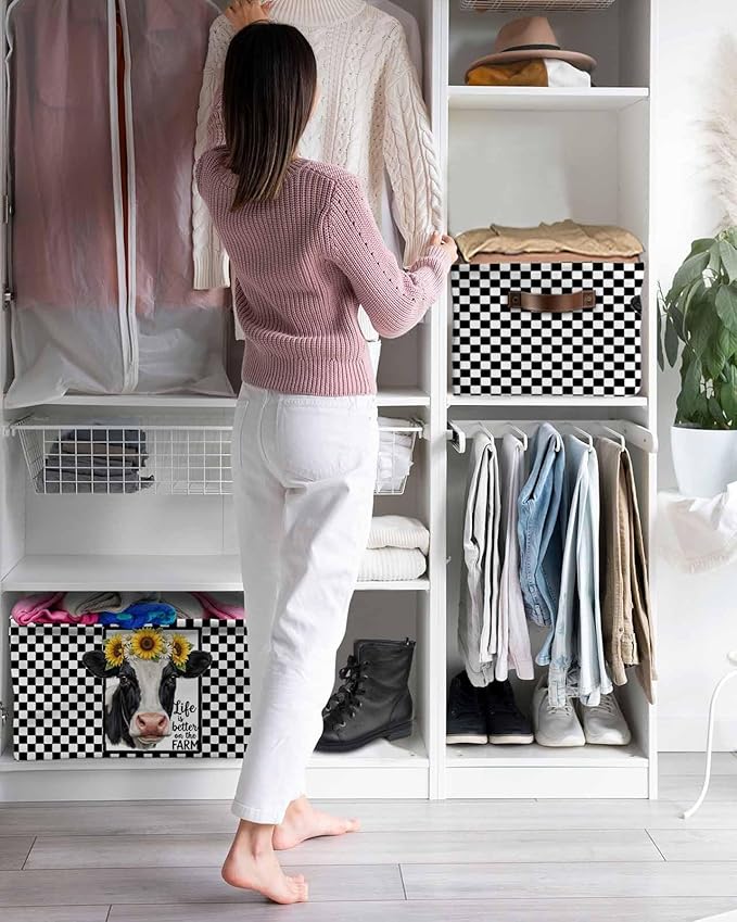 Farmhouse Cows Storage Bins Cubes Waterproof Cloth Storage Basket, Sunflower Daisy White Black Plaid Foldable Storage Bags for Shelf Closet Clothes Organizers with Handles 15x11x9.5 in 1PCS