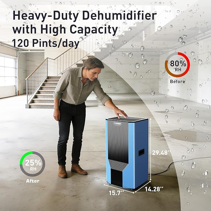 120 PPD Commercial Dehumidifier with Pump & Drain Hose, LGR Technology, Auto Defrost, for Basements, Large Rooms, Warehouses & Storage Areas, 5-Year Coverage