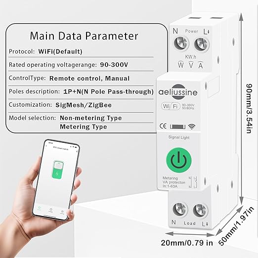 WiFi Smart Switch, 1-63A Adjustable WiFi Circuit Breaker, Smart Life/Tuya APP Remote Control Monitor Voltage Power Energy Usage, Compatible with Alexa Google Home, DIN Rail Mountable