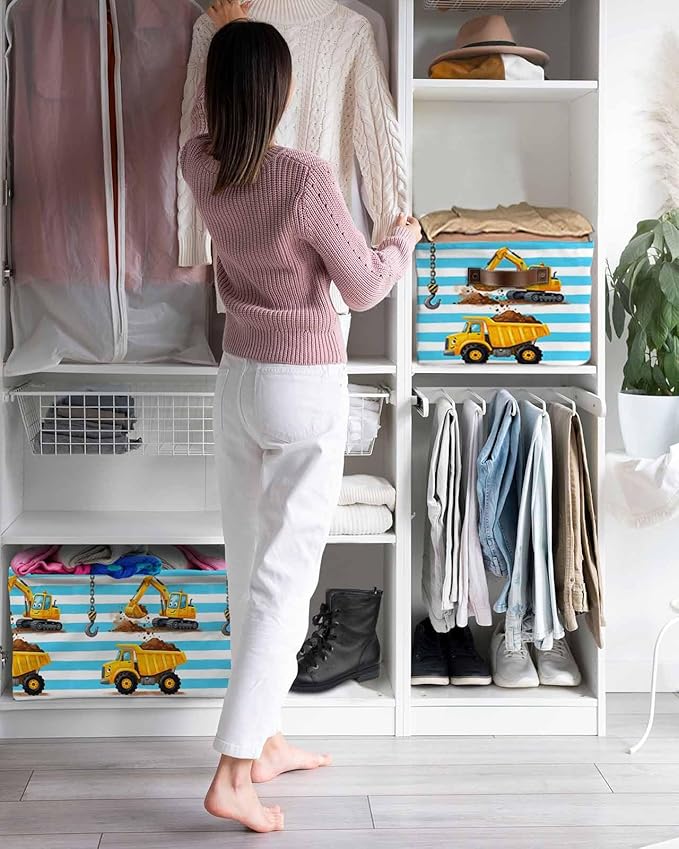 Yellow Truck Storage Bins Cubes Waterproof Cloth Storage Basket, Cartoon Blue Striped Farmhouse Modern Art Foldable Storage Bags for Shelf Closet Clothes Organizers with Handles 15x11x9.5 in 1PCS