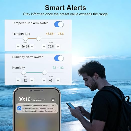 eMylo WiFi Hygrometer Thermometer 5 Pack, Smart Digital Indoor Temperature Humidity Monitor 426Ft Rang with 4 IP65 Wireless Sensors Outdoor Kit, App Alerts, Free Data Storage Export, Works with Alexa
