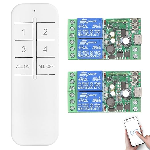 DieseRC 2x2 Channels WiFi Smart Switch with 1x Bluetooth Transmitter, DC 5V 12V 24V Passive Output Relay Module Ewelink APP WiFi Control Compatible with Alexa/Google Home, Inching/Self-Locking Switch