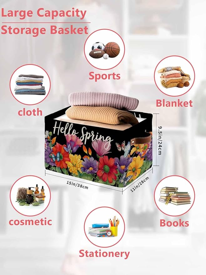 Spring Flowers Storage Bins Cubes Waterproof Cloth Storage Basket,Watercolor Country Colorful Floral Black Foldable Storage Bags for Shelf Clothes Storages Organizers with Handles 15x11x9.5 in 1PCS