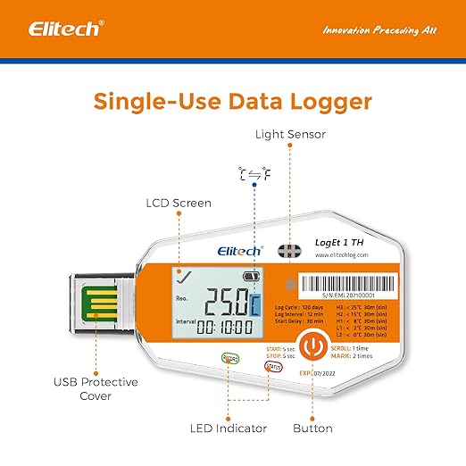 Elitech WHO PQS Certificated 10 Pack 120 Days Temperature Humidity Data Logger with Light Sensor Single-Use Cold Chain Monitor (CCM) Temperature Recorder with PDF Report 16000 Points LogEt1-TH