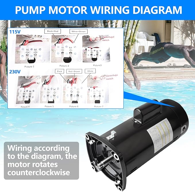 USQ1202 Pool Pump Motor 2HP Square Flange 56Y Frame 1.1 Service Factor 230 Volts 9.2 Amps 3450 RPM Replacing Cen-tury/AO.Smi-th Pool Pump Motor SQ1202 Compatible with Hayward Max-Flo II Pump