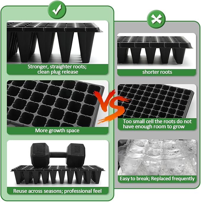 RooTrimmer 50-Pack Extra-Deep 50 Cell Seed Starter Trays, 3.55" Cone-Shaped Plug Trays for 1020 Flats, Heavy-Duty Plastic Germination Trays for Greenhouse, Garden & Urban Farming
