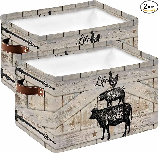 Farmhouse Animals Storage Bins Cubes Waterproof Cloth Storage Basket, Rooster Pig Cattle Vintage Wood Plank Foldable Storage Bags for Shelf Closet Clothes Organizers with Handles 15x11x9.5 in 2PCS